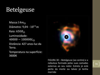 Betelgeuse
Massa:14𝑚⨀
Diâmetro: 9,04 ∙ 1011
𝑚
Raio: 650𝑅⨀
Luminosidade:
40000 − 100000𝐿⨀
Distância: 427 anos-luz da
Terra.
Temperatura na superfície:
3600K
FIGURA 30 – Betelgeuse (ao centro) e a
nebulosa formada pelas suas camadas
externas ao seu redor. Estrela já está
perto da morte ou talvez já tenha
morrido
74
 
