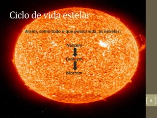 Ciclo de vida estelar
Assim, como tudo o que possui vida, as estrelas:
Nascem
Evoluem
Morrem
8
 