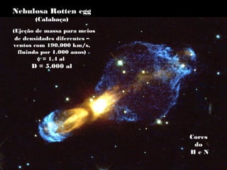 Nebulosa Rotten egg
(Calabaça)
(Ejeção de massa para meios
de densidades diferentes –
ventos com 190.000 km/s,
fluindo por 1.000 anos)
φ = 1,4 al
D = 5.000 al
Cores
do
H e N
 