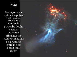 Mão
Com 1700 anos
de idade o pulsar
(centro luminoso)
produz uma
nuvem de
partículas de alta
energia.
Os pontos
brilhantes são
regiões aquecidas
pela radiação
emitida pelo
pulsar mais
abaixo
 