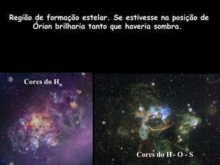 Região de formação estelar. Se estivesse na posição de
Órion brilharia tanto que haveria sombra.
Cores do Hα
Cores do H- O - S
 