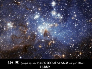LH 95 (berçário) → D=160.000 al na GNM → φ =150 al
Hubble
 