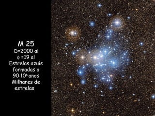 M 25
D=2000 al
φ =19 al
Estrelas azuis
formadas a
90⋅106
anos
Milhares de
estrelas
 