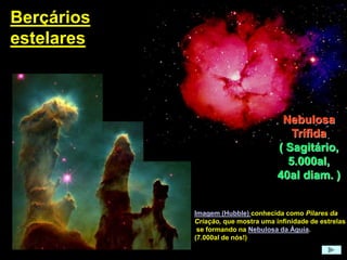 B
Berçários
estelares
Nebulosa
Trífida
( Sagitário,
5.000al,
40al diam. )
Imagem (Hubble) conhecida como Pilares da
Criação, que mostra uma infinidade de estrelas
se formando na Nebulosa da Águia.
(7.000al de nós!)
 