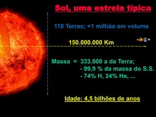 Sol, uma estrela típica
Massa = 333.000 a da Terra;
- 99,9 % da massa do S.S.
- 74% H, 24% He, ...
110 Terras; +1 milhão em volume
150.000.000 Km
Idade: 4,5 bilhões de anos
 