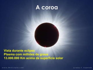A coroa
Vista durante eclipes
Plasma com milhões de graus
13.000.000 Km acima da superfície solar
 