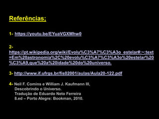 Referências;
1- https://youtu.be/EYuaVGXMhw0
2-
https://pt.wikipedia.org/wiki/Evolu%C3%A7%C3%A3o_estelar#:~:text
=Em%20astronomia%2C%20evolu%C3%A7%C3%A3o%20estelar%20
%C3%A9,que%20a%20idade%20do%20universo.
3- http://www.if.ufrgs.br/fis02001/aulas/Aula20-122.pdf
4- Neil F. Comins e William J. Kaufmann III,
Descobrindo o Universo.
Tradução de Eduardo Neto Ferreira
8.ed – Porto Alegre: Bookman, 2010.
 