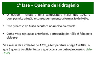 1° fase – Queima de Hidrogênio
• O núcleo chega a uma temperatura maior que 107K, o
que permite a fusão e consequentemente a formação de Hélio.
• Este processo de fusão acontece no núcleo da estrela.
• Como visto nas aulas anteriores, a produção de Hélio é feita pelo
ciclo p-p
Se a massa da estrela for de 1.2Mʘ a temperatura atinge 15×106K, o
que é quente o suficiente para que ocorra um outro processo: o ciclo
CNO
 