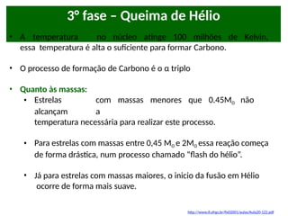 3° fase – Queima de Hélio
• A temperatura no núcleo atinge 100 milhões de Kelvin,
essa temperatura é alta o suficiente para formar Carbono.
• O processo de formação de Carbono é o α triplo
• Quanto às massas:
• Estrelas com massas menores que 0.45Mʘ não
alcançam a
temperatura necessária para realizar este processo.
• Para estrelas com massas entre 0,45 Mʘ e 2Mʘ essa reação começa
de forma drástica, num processo chamado “flash do hélio”.
• Já para estrelas com massas maiores, o inicio da fusão em Hélio
ocorre de forma mais suave.
http://www.if.ufrgs.br/fis02001/aulas/Aula20-122.pdf
 