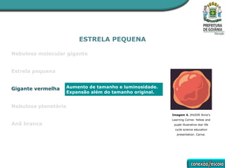 ESTRELA PEQUENA
Nebulosa molecular gigante
Estrela pequena
Gigante vermelha
Nebulosa planetária
Anã branca
Aumento de tamanho e luminosidade.
Expansão além do tamanho original.
Imagem 4. JHUDIE Anne's
Learning Corner. Yellow and
puple illustrative star life
cycle science education
presentation. Canva.
 