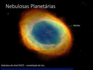 Nebulosas Planetárias
Núcleo
Nebulosa do Anel (M57) – constelação de Lira.
http://www.ccvalg.pt/astronomia/nebulosas/nebulosas_planetarias/m57.jpg
 