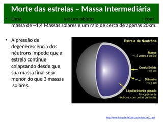 Morte das estrelas – Massa Intermediária
• Uma Estrela de Nêutrons é um objeto extremamente denso: com
massa de ~1,4 Massas solares e um raio de cerca de apenas 20km.
• A pressão de
degenerescência dos
nêutrons impede que a
estrela continue
colapsando desde que
sua massa final seja
menor do que 3 massas
solares.
http://www.if.ufrgs.br/fis02001/aulas/Aula20-122.pdf
 