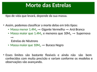 • Em resumo, a morte da estrela, assim como seu nascimento e o
tipo de vida que levará, depende da sua massa.
• Assim, podemos classificar a morte delas em três tipos:
• Massa menor 1.4Mʘ → Gigante Vermelha → Anã Branca
• Massa maior que 1.4Mʘ e menores que 10Mʘ → Supernova
→
Estrelas de Nêutrons
• Massa maior que 10Mʘ → Buraco Negro
• Esses limites são bastante flexíveis e ainda não são bem
conhecidos com muita precisão e variam conforme os modelos e
observações vão avançando.
Morte das Estrelas
 