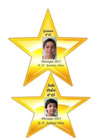 Gustavo
6º 03
Destaque 2013
E. E. Antônio Silva
João
Pedro
6º 03
Destaque 2013
E. E. Antônio Silva
 