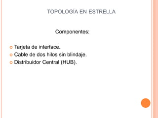 TOPOLOGÍA EN ESTRELLA


                    Componentes:

 Tarjeta de interface.
 Cable de dos hilos sin blindaje.

 Distribuidor Central (HUB).
 