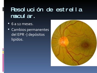 Resolución de estrella macular. 6 a 12 meses. Cambios permanentes del EPR -} depósitos lipídos. 