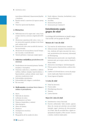 30 ■ Precop SCP
Estreñimiento crónico
musculatura abdominal, disautonomía familiar
y botulismo.
■	 Retardo mental o trastornos de espectro autista
(TEA).
■	 Trastorno oposicional desafiante.
2. Obstructivas
■	 Malformaciones de la región anal, como el ano
ectópico anterior y estenosis congénita del anillo
anal.
■	 Alteraciones anatómicas del colon y recto, co-
mo microcolon izquierdo, prolapso rectal, fisura
anal, acalasia rectal.
■	 Estenosis del colon como secuelas de enteroco-
litis necrotizante.
■	 Alteraciones de la musculatura visceral (miopa-
tías viscerales o esclerodermia).
■	 Tumores pelvianos o masas que ocupan espacio.
3. 	Endocrinasometabólicas(pseudoobstrucción
intestinal)
■	 Pseudoobstrucción intestinal primaria: familiar,
miopática o neuropática.
■	 Trastornos endocrinos y metabólicos: diabetes
mellitus, diabetes insípida, hipertiroidismo o
hipotiroidismo, acidosis tubular renal, hiper-
calcemia e insuficiencia renal.
■	 Enfermedades autoinmunes.
■	 Enfermedades del colágeno o amiloidosis.
■	 Íleo meconial.
4. 	Medicamentos (ocasionan heces duras o
inhiben el peristaltismo)
■	 Hierro.
■	 Hidróxido de aluminio.
■	 Carbonato de calcio.
■	 Procedimientos con bario.
■	 Opiáceos (meperidina y codeína).
■	 Anticolinérgicos.
■	 Abuso de laxantes.
■	 Diuréticos.
■	 Antidepresivos tricíclicos.
■	 Vincristina.
■	 Bloqueadores de los canales de calcio.
■	 Ácido valproico, fenitoína, fenobarbital y otros
anticonvulsivantes.
■	 Sucralfate.
■	 Intoxicación por plomo.
■	 Intoxicación por vitamina D.
Estreñimiento según
grupos de edad
La etiología del estreñimiento se puede catego-
rizar acorde con los grupos de edad:
Menores de 1 mes de edad
■	 Uso materno de medicamentos, anestesia.
■	 Asfixia neonatal, inmadurez funcional del intes-
tino, síndrome del tapón meconial, íleo meco-
nial, pseudoobstrucción intestinal, enfermedad
de Hirschsprung.
■	 Malformaciones anorrectales: ano imperforado,
estenosis anal, ano ectópico anterior, bandas fi-
brosas anales.
■	 Alteraciones neurológicas: mielomeningocele.
■	 Fibrosis quística, hipotiroidismo, acidosis tubu-
lar renal.
■	 Cambio en la fórmula láctea o técnica de prepa-
ración inadecuada (hiperconcentración).
■	 Escasa ingesta de líquidos.
1-2 años de edad
■	 Todas las anteriores.
■	 Fisuras anales.
■	 Hirschsprung ultracorto.
■	 Tumores.
■	 Causas dietarias.
Mayor de 2 años de edad
■	 Estreñimiento crónico funcional.
■	 Factores ambientales: baño extraño, ignorar
deseo de evacuar por priorizar otra actividad
(ejemplo: jugar), presencia de otras personas
en el baño, falta de actividad física, ingesta in-
apropiada de líquidos y fibra (escasa), temores
y miedos, inodoros inadecuados.
 