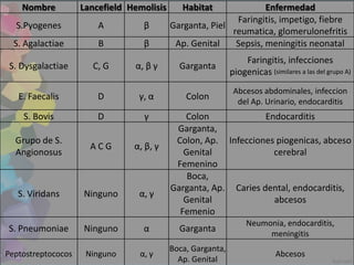 Nombre          Lancefield Hemolisis      Habitat              Enfermedad
                                                           Faringitis, impetigo, fiebre
  S.Pyogenes            A         β        Garganta, Piel
                                                          reumatica, glomerulonefritis
  S. Agalactiae         B         β         Ap. Genital    Sepsis, meningitis neonatal
                                                                 Faringitis, infecciones
 S. Dysgalactiae      C, G      α, β γ       Garganta
                                                             piogenicas (similares a las del grupo A)
                                                              Abcesos abdominales, infeccion
   E. Faecalis          D        γ, α          Colon
                                                               del Ap. Urinario, endocarditis
    S. Bovis            D         γ           Colon              Endocarditis
                                            Garganta,
  Grupo de S.                               Colon, Ap. Infecciones piogenicas, abceso
                      ACG       α, β, γ
  Angionosus                                  Genital              cerebral
                                            Femenino
                                               Boca,
                                           Garganta, Ap. Caries dental, endocarditis,
   S. Viridans      Ninguno      α, γ
                                              Genital              abcesos
                                             Femenio
                                                                  Neumonia, endocarditis,
S. Pneumoniae       Ninguno       α          Garganta
                                                                       meningitis
                                           Boca, Garganta,
Peptostreptococos    Ninguno     α, γ                                       Abcesos
                                             Ap. Genital
 