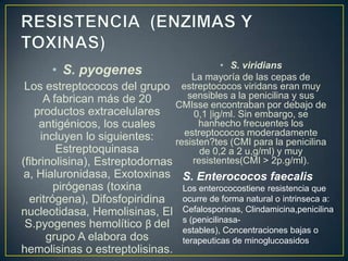 • S. viridians
La mayoría de las cepas de
Los estreptococos del grupo estreptococos viridans eran muy
sensibles a la penicilina y sus
A fabrican más de 20
CMIsse encontraban por debajo de
productos extracelulares
0,1 |ig/ml. Sin embargo, se
hanhecho frecuentes los
antigénicos, los cuales
estreptococos moderadamente
incluyen lo siguientes:
resisten?tes (CMI para la penicilina
Estreptoquinasa
de 0,2 a 2 u,g/ml) y muy
resistentes(CMI > 2p.g/ml).
(fibrinolisina), Estreptodornas

• S. pyogenes

a, Hialuronidasa, Exotoxinas S. Enterococos faecalis
pirógenas (toxina
Los enterococostiene resistencia que
ocurre de forma natural o intrinseca a:
eritrógena), Difosfopiridina
nucleotidasa, Hemolisinas, El Cefalosporinas, Clindamicina,penicilina
S.pyogenes hemolítico β del s (penicilinasaestables), Concentraciones bajas o
grupo A elabora dos
terapeuticas de minoglucoasidos
hemolisinas o estreptolisinas.

 