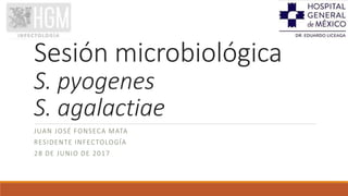Sesión microbiológica
S. pyogenes
S. agalactiae
JUAN JOSÉ FONSECA MATA
RESIDENTE INFECTOLOGÍA
28 DE JUNIO DE 2017
 