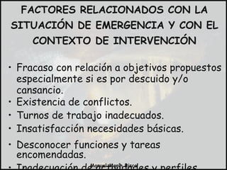 Fracaso con relación a objetivos propuestos especialmente si es por descuido y/o cansancio. Existencia de conflictos. Turnos de trabajo inadecuados. Insatisfacción necesidades básicas. Desconocer funciones y tareas encomendadas. Inadecuación de actividades y perfiles. FACTORES RELACIONADOS CON LA SITUACIÓN DE EMERGENCIA Y CON EL CONTEXTO DE INTERVENCIÓN 