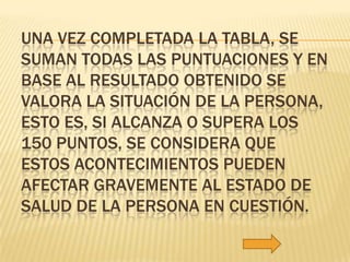 UNA VEZ COMPLETADA LA TABLA, SE
SUMAN TODAS LAS PUNTUACIONES Y EN
BASE AL RESULTADO OBTENIDO SE
VALORA LA SITUACIÓN DE LA PERSONA,
ESTO ES, SI ALCANZA O SUPERA LOS
150 PUNTOS, SE CONSIDERA QUE
ESTOS ACONTECIMIENTOS PUEDEN
AFECTAR GRAVEMENTE AL ESTADO DE
SALUD DE LA PERSONA EN CUESTIÓN.
 