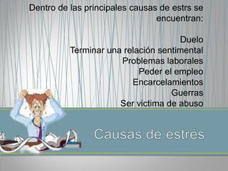 Dentro de las principales causas de estrs se
                                encuentran:

                                     Duelo
          Terminar una relación sentimental
                      Problemas laborales
                           Peder el empleo
                         Encarcelamientos
                                   Guerras
                      Ser victima de abuso
 