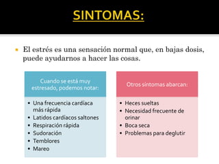  El estrés es una sensación normal que, en bajas dosis,
puede ayudarnos a hacer las cosas.
Cuando se está muy
estresado, podemos notar:
• Una frecuencia cardíaca
más rápida
• Latidos cardíacos saltones
• Respiración rápida
• Sudoración
• Temblores
• Mareo
Otros síntomas abarcan:
• Heces sueltas
• Necesidad frecuente de
orinar
• Boca seca
• Problemas para deglutir
 