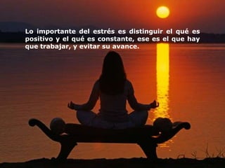 Lo importante del estrés es distinguir el qué es
positivo y el qué es constante, ese es el que hay
que trabajar, y evitar su avance.
 