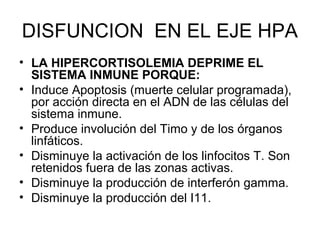 DISFUNCION EN EL EJE HPA 
• LA HIPERCORTISOLEMIA DEPRIME EL 
SISTEMA INMUNE PORQUE: 
• Induce Apoptosis (muerte celular programada), 
por acción directa en el ADN de las células del 
sistema inmune. 
• Produce involución del Timo y de los órganos 
linfáticos. 
• Disminuye la activación de los linfocitos T. Son 
retenidos fuera de las zonas activas. 
• Disminuye la producción de interferón gamma. 
• Disminuye la producción del I11. 
