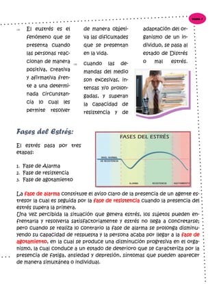 El estrés pasa por tres
etapas:
1. Fase de Alarma
2. Fase de resistencia
3. Fase de agotamiento
 El eustrés es el
fenómeno que se
presenta cuando
las personas reac-
cionan de manera
positiva, creativa
y afirmativa fren-
te a una determi-
nada circunstan-
cia lo cual les
permite resolver
de manera objeti-
va las dificultades
que se presentan
en la vida.
 cuando las de-
mandas del medio
son excesivas, in-
tensas y/o prolon-
gadas, y superan
la capacidad de
resistencia y de
adaptación del or-
ganismo de un in-
dividuo, se pasa al
estado de Distrés
o mal estrés.
La fase de alarma constituye el aviso claro de la presencia de un agente es-
tresor la cual es seguida por la fase de resistencia cuando la presencia del
estrés supera la primera.
Una vez percibida la situación que genera estrés, los sujetos pueden en-
frentarla y resolverla satisfactoriamente y estrés no llega a concretarse;
pero cuando se realiza lo contrario la fase de alarma se prolonga disminu-
yendo su capacidad de respuesta y la persona acaba por llegar a la fase de
agotamiento, en la cual se produce una disminución progresiva en el orga-
nismo, la cual conduce a un estado de deterioro que se caracteriza por la
presencia de fatiga, ansiedad y depresión, síntomas que pueden aparecer
de manera simultánea o individual.
Fases del Estrés:
Página 3
 