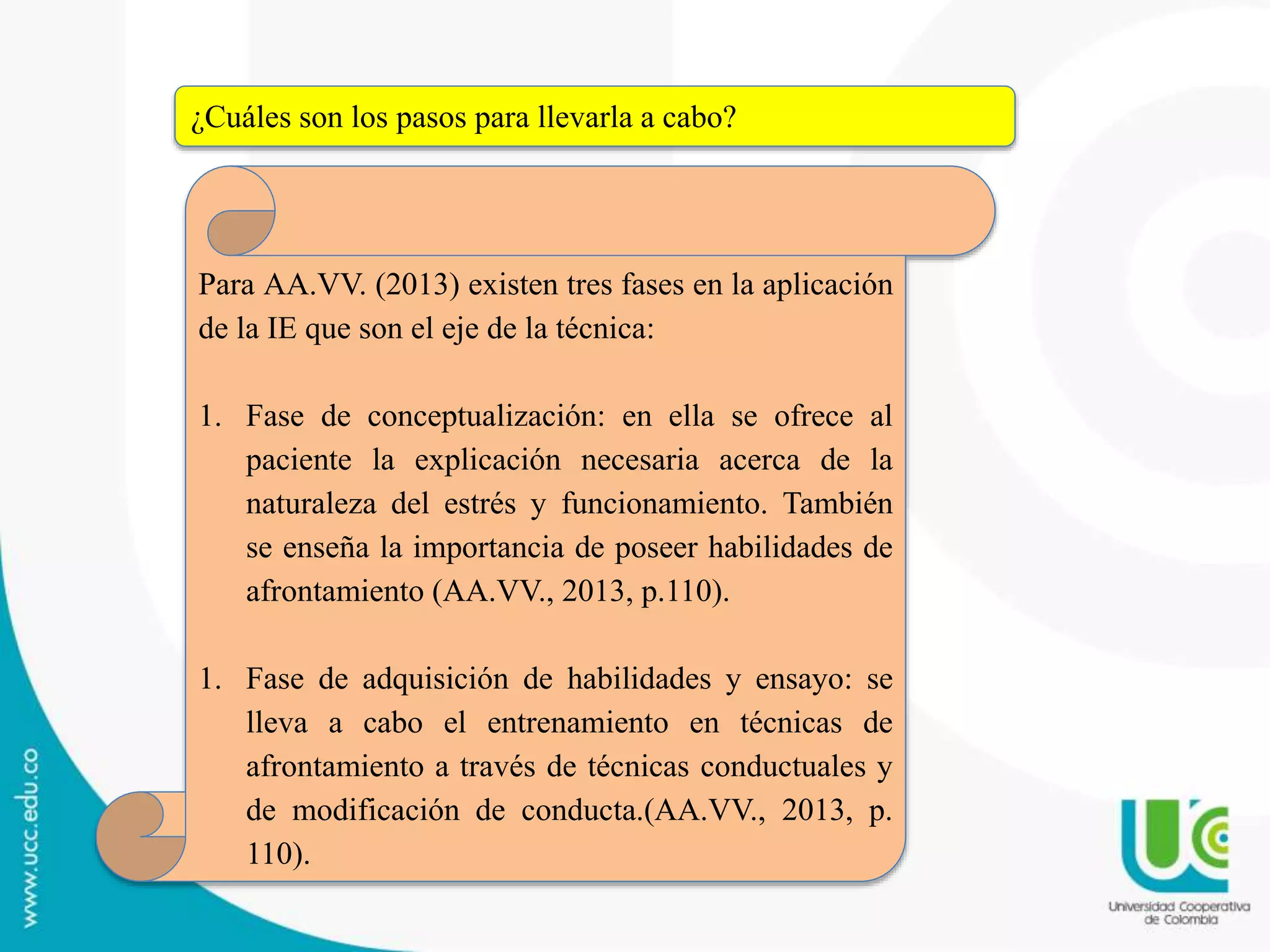 Para AA.VV. (2013) existen tres fases en la aplicación
de la IE que son el eje de la técnica:
1. Fase de conceptualización: en ella se ofrece al
paciente la explicación necesaria acerca de la
naturaleza del estrés y funcionamiento. También
se enseña la importancia de poseer habilidades de
afrontamiento (AA.VV., 2013, p.110).
1. Fase de adquisición de habilidades y ensayo: se
lleva a cabo el entrenamiento en técnicas de
afrontamiento a través de técnicas conductuales y
de modificación de conducta.(AA.VV., 2013, p.
110).
¿Cuáles son los pasos para llevarla a cabo?
 