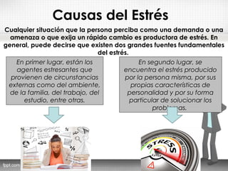 Causas del Estrés
Cualquier situación que la persona perciba como una demanda o una
amenaza o que exija un rápido cambio es productora de estrés. En
general, puede decirse que existen dos grandes fuentes fundamentales
del estrés.
En primer lugar, están los
agentes estresantes que
provienen de circunstancias
externas como del ambiente,
de la familia, del trabajo, del
estudio, entre otras.
En segundo lugar, se
encuentra el estrés producido
por la persona misma, por sus
propias características de
personalidad y por su forma
particular de solucionar los
problemas.
 