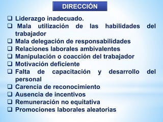  Liderazgo inadecuado.
 Mala utilización de las habilidades del
trabajador
 Mala delegación de responsabilidades
 Relaciones laborales ambivalentes
 Manipulación o coacción del trabajador
 Motivación deficiente
 Falta de capacitación y desarrollo del
personal
 Carencia de reconocimiento
 Ausencia de incentivos
 Remuneración no equitativa
 Promociones laborales aleatorias
DIRECCIÓN
 