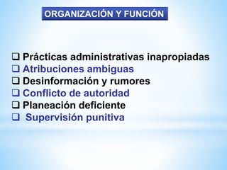 Prácticas administrativas inapropiadas
 Atribuciones ambiguas
 Desinformación y rumores
 Conflicto de autoridad
 Planeación deficiente
 Supervisión punitiva
ORGANIZACIÓN Y FUNCIÓN
 