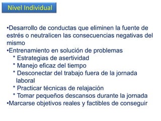 •Desarrollo de conductas que eliminen la fuente de
estrés o neutralicen las consecuencias negativas del
mismo
•Entrenamiento en solución de problemas
* Estrategias de asertividad
* Manejo eficaz del tiempo
* Desconectar del trabajo fuera de la jornada
laboral
* Practicar técnicas de relajación
* Tomar pequeños descansos durante la jornada
•Marcarse objetivos reales y factibles de conseguir
Nivel Individual
 