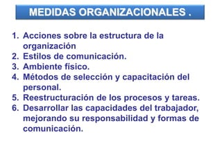 1. Acciones sobre la estructura de la
organización
2. Estilos de comunicación.
3. Ambiente físico.
4. Métodos de selección y capacitación del
personal.
5. Reestructuración de los procesos y tareas.
6. Desarrollar las capacidades del trabajador,
mejorando su responsabilidad y formas de
comunicación.
MEDIDAS ORGANIZACIONALES .
 