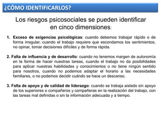 1. Exceso de exigencias psicológicas: cuando debemos trabajar rápido o de
forma irregular, cuando el trabajo requiere que escondamos los sentimientos,
no opinar, tomar decisiones difíciles y de forma rápida.
2. Falta de influencia y de desarrollo: cuando no tenemos margen de autonomía
en la forma de hacer nuestras tareas, cuando el trabajo no da posibilidades
para aplicar nuestras habilidades y conocimientos o no tiene ningún sentido
para nosotros, cuando no podemos adaptar el horario a las necesidades
familiares, o no podemos decidir cuándo se hace un descanso.
3. Falta de apoyo y de calidad de liderazgo: cuando se trabaja aislado sin apoyo
de los superiores o compañeros y compañeras en la realización del trabajo, con
las tareas mal definidas o sin la información adecuada y a tiempo.
¿CÓMO IDENTIFICARLOS?
Los riesgos psicosociales se pueden identificar
en cinco dimensiones:
 