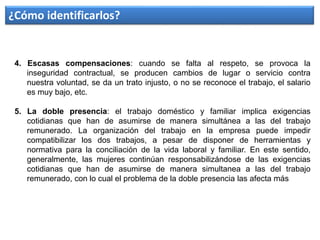 4. Escasas compensaciones: cuando se falta al respeto, se provoca la
inseguridad contractual, se producen cambios de lugar o servicio contra
nuestra voluntad, se da un trato injusto, o no se reconoce el trabajo, el salario
es muy bajo, etc.
5. La doble presencia: el trabajo doméstico y familiar implica exigencias
cotidianas que han de asumirse de manera simultánea a las del trabajo
remunerado. La organización del trabajo en la empresa puede impedir
compatibilizar los dos trabajos, a pesar de disponer de herramientas y
normativa para la conciliación de la vida laboral y familiar. En este sentido,
generalmente, las mujeres continúan responsabilizándose de las exigencias
cotidianas que han de asumirse de manera simultanea a las del trabajo
remunerado, con lo cual el problema de la doble presencia las afecta más
¿Cómo identificarlos?
 