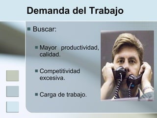 Demanda del Trabajo
   Buscar:

       Mayor productividad,
        calidad.

       Competitividad
        excesiva.

       Carga de trabajo.
 