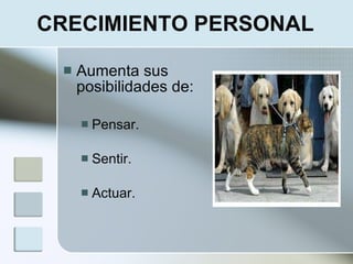 CRECIMIENTO PERSONAL

    Aumenta sus
     posibilidades de:

        Pensar.

        Sentir.

        Actuar.
 