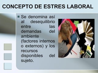 CONCEPTO DE ESTRES LABORAL
       Se denomina así
        al desequilibrio
        entre           las
        demandas        del
        ambiente
        (factores internos
        o externos) y los
        recursos
        disponibles del
        sujeto.
 