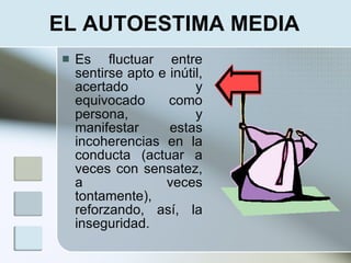 EL AUTOESTIMA MEDIA
   Es fluctuar entre
    sentirse apto e inútil,
    acertado             y
    equivocado      como
    persona,             y
    manifestar      estas
    incoherencias en la
    conducta (actuar a
    veces con sensatez,
    a              veces
    tontamente),
    reforzando, así, la
    inseguridad.
 