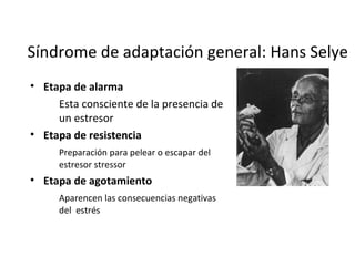 Síndrome de adaptación general: Hans Selye
• Etapa de alarma
Esta consciente de la presencia de
un estresor
• Etapa de resistencia
Preparación para pelear o escapar del
estresor stressor
• Etapa de agotamiento
Aparencen las consecuencias negativas
del estrés
 