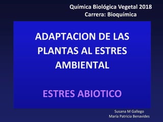 ADAPTACION DE LAS
PLANTAS AL ESTRES
AMBIENTAL
ESTRES ABIOTICO
Susana M Gallego
María Patricia Benavides
Química Biológica Vegetal 2018
Carrera: Bioquímica
 