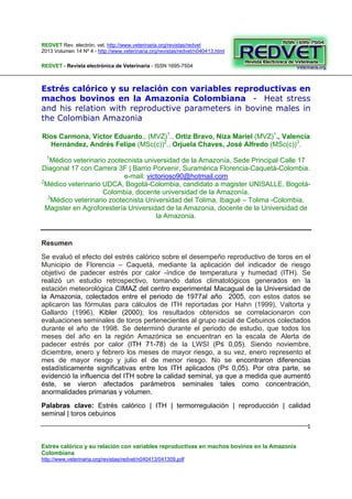 REDVET Rev. electrón. vet. http://www.veterinaria.org/revistas/redvet
2013 Volumen 14 Nº 4 - http://www.veterinaria.org/revistas/redvet/n040413.html 
Estrés calórico y su relación con variables reproductivas en machos bovinos en la Amazonia
Colombiana
http://www.veterinaria.org/revistas/redvet/n040413/041309.pdf
 
1
REDVET - Revista electrónica de Veterinaria - ISSN 1695-7504
Estrés calórico y su relación con variables reproductivas en
machos bovinos en la Amazonia Colombiana - Heat stress
and his relation with reproductive parameters in bovine males in
the Colombian Amazonia
Ríos Carmona, Víctor Eduardo., (MVZ)1
., Ortiz Bravo, Niza Mariel (MVZ)1
., Valencia
Hernández, Andrés Felipe (MSc(c))2
., Orjuela Chaves, José Alfredo (MSc(c))3
.
1
Médico veterinario zootecnista universidad de la Amazonía, Sede Principal Calle 17
Diagonal 17 con Carrera 3F | Barrio Porvenir, Suramérica Florencia-Caquetá-Colombia.
e-mail: victorioso90@hotmail.com
2
Médico veterinario UDCA, Bogotá-Colombia, candidato a magister UNISALLE, Bogotá-
Colombia, docente universidad de la Amazonía.
3
Médico veterinario zootecnista Universidad del Tolima, Ibagué – Tolima -Colombia,
Magister en Agroforestería Universidad de la Amazonia, docente de la Universidad de
la Amazonia.
Resumen
Se evaluó el efecto del estrés calórico sobre el desempeño reproductivo de toros en el
Municipio de Florencia – Caquetá, mediante la aplicación del indicador de riesgo
objetivo de padecer estrés por calor -índice de temperatura y humedad (ITH). Se
realizó un estudio retrospectivo, tomando datos climatológicos generados en la
estación meteorológica CIMAZ del centro experimental Macagual de la Universidad de
la Amazonia, colectados entre el periodo de 1977al año 2005, con estos datos se
aplicaron las fórmulas para cálculos de ITH reportadas por Hahn (1999), Valtorta y
Gallardo (1996), Kibler (2000); los resultados obtenidos se correlacionaron con
evaluaciones seminales de toros pertenecientes al grupo racial de Cebuinos colectados
durante el año de 1998. Se determinó durante el periodo de estudio, que todos los
meses del año en la región Amazónica se encuentran en la escala de Alerta de
padecer estrés por calor (ITH 71-78) de la LWSI (P≤ 0,05). Siendo noviembre,
diciembre, enero y febrero los meses de mayor riesgo, a su vez, enero represento el
mes de mayor riesgo y julio el de menor riesgo. No se encontraron diferencias
estadísticamente significativas entre los ITH aplicados (P≤ 0,05). Por otra parte, se
evidenció la influencia del ITH sobre la calidad seminal, ya que a medida que aumentó
éste, se vieron afectados parámetros seminales tales como concentración,
anormalidades primarias y volumen.
Palabras clave: Estrés calórico | ITH | termorregulación | reproducción | calidad
seminal | toros cebuinos
 