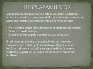 La persona examinada recurre a este mecanismo de defensa
debido a su tensión e inconformidad con su trabajo, decimos que
la persona recurre a este mecanismo de defensa porque:
 No tiene una buena relación con sus compañeros de trabajo.
 Tiene exceso de trabajo.
 Su jefe lo presiona para que realice sus actividades.
El individuo no puede gritarle al jefe y discutir con sus
compañeros de trabajo y al momento que llega a su casa
desplaza todo eso a la familia, su esposa e hijos. Y genera
conflictos y a parte de los problemas laborales, problemas
familiares.
 