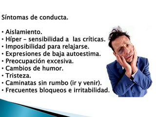 Síntomas de conducta.

•   Aislamiento.
•   Híper – sensibilidad a las críticas.
•   Imposibilidad para relajarse.
•   Expresiones de baja autoestima.
•   Preocupación excesiva.
•   Cambios de humor.
•   Tristeza.
•   Caminatas sin rumbo (ir y venir).
•   Frecuentes bloqueos e irritabilidad.
 