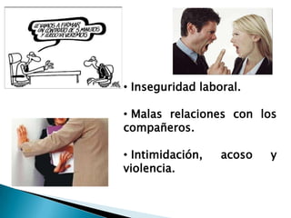 • Inseguridad laboral.

• Malas relaciones con los
compañeros.

• Intimidación,   acoso   y
violencia.
 