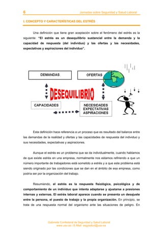 6 Jornadas sobre Seguridad y Salud Laboral
Gabinete Confederal de Seguridad y Salud Laboral
www.uso.es / E-Mail: segysalud@uso.es
II.. CCOONNCCEEPPTTOO YY CCAARRAACCTTEERRÍÍSSTTIICCAASS DDEELL EESSTTRRÉÉSS
Una definición que tiene gran aceptación sobre el fenómeno del estrés es la
siguiente: “El estrés es un desequilibrio sustancial entre la demanda y la
capacidad de respuesta (del individuo) y las ofertas y las necesidades,
expectativas y aspiraciones del individuo”.
Esta definición hace referencia a un proceso que es resultado del balance entre
las demandas de la realidad y ofertas y las capacidades de respuesta del individuo y
sus necesidades, expectativas y aspiraciones.
Aunque el estrés es un problema que se da individualmente, cuando hablamos
de que existe estrés en una empresa, normalmente nos estamos refiriendo a que un
número importante de trabajadores está sometido a estrés y a que este problema está
siendo originado por las condiciones que se dan en el ámbito de esa empresa, como
podría ser por la organización del trabajo.
Resumiendo, el estrés es la respuesta fisiológica, psicológica y de
comportamiento de un individuo que intenta adaptarse y ajustarse a presiones
internas y externas. El estrés laboral aparece cuando se presenta un desajuste
entre la persona, el puesto de trabajo y la propia organización. En principio, se
trata de una respuesta normal del organismo ante las situaciones de peligro. En
 